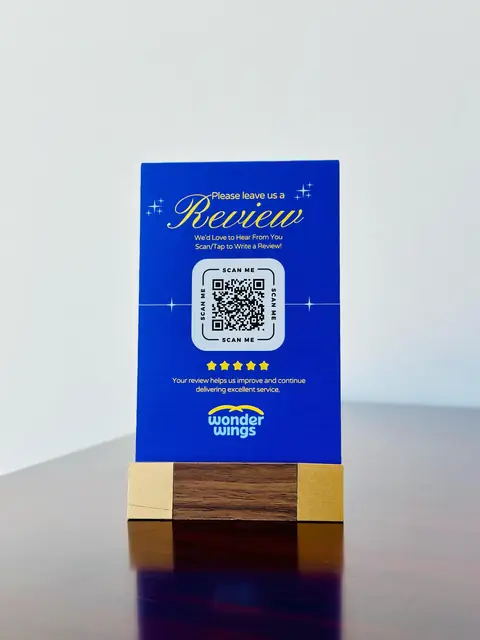 Branded review stand with QR code